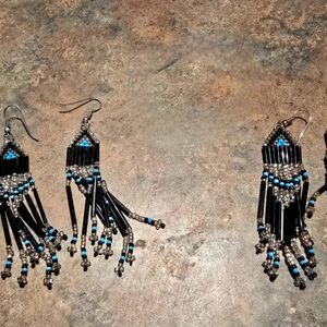 Black & Turquoise Hand Sewn Beaded Earrings